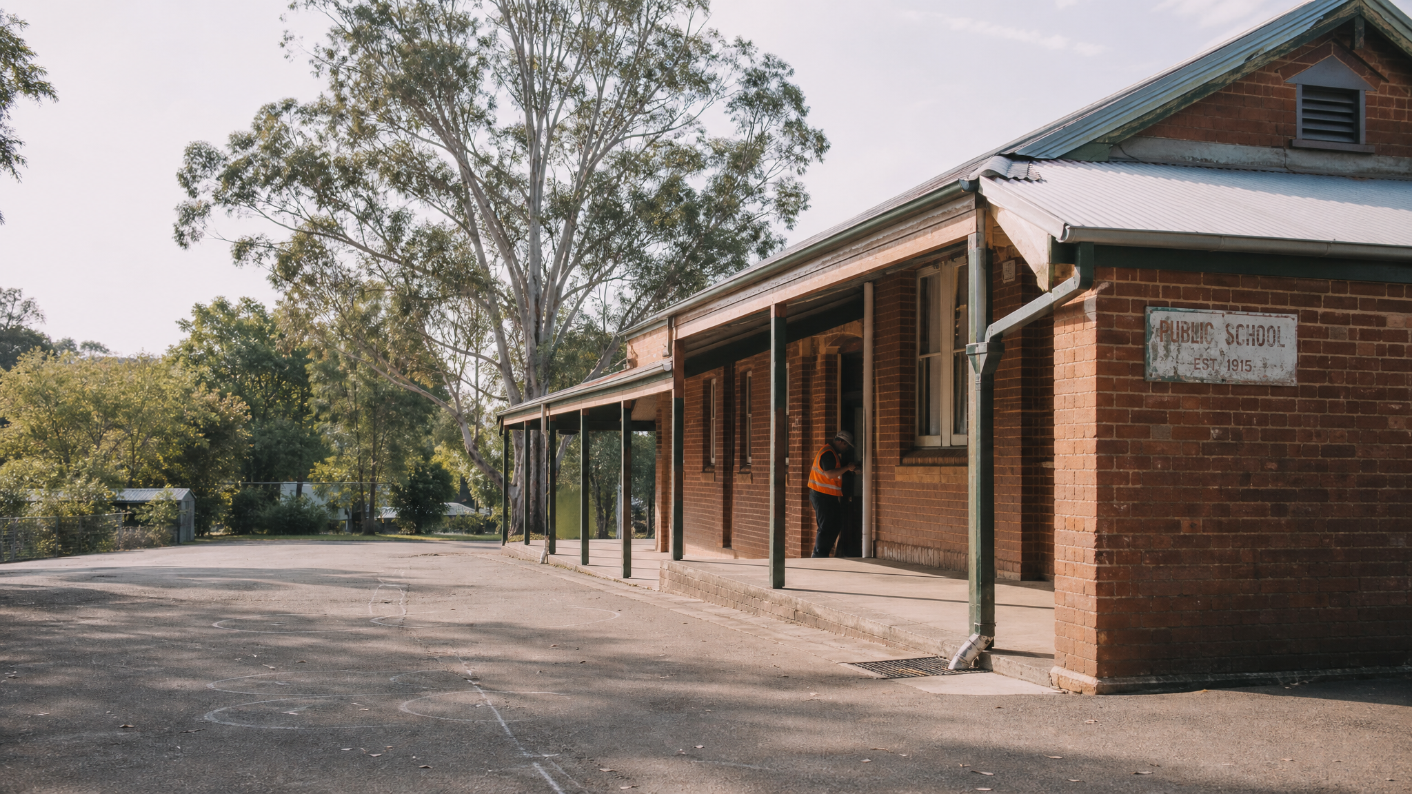 Cleaned and maintained primary school exterior with playground in foreground
