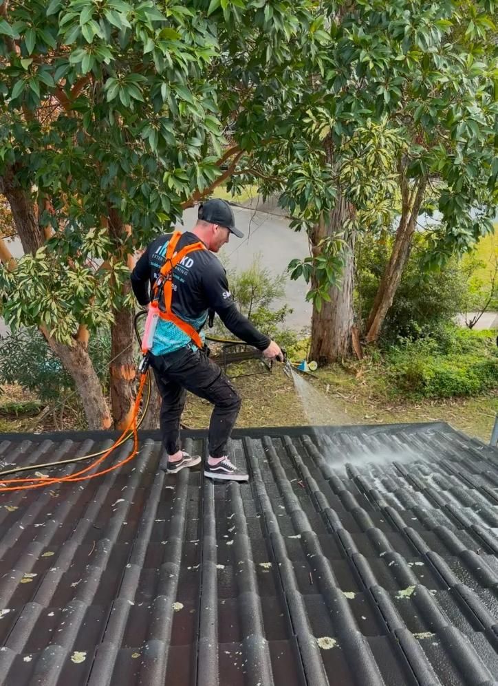 SOAKD technician applying a softwash treatment to a residential roof