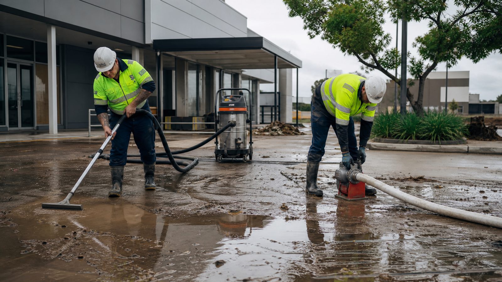 SOAKD technicians extracting floodwater and mud from a commercial forecourt after a storm